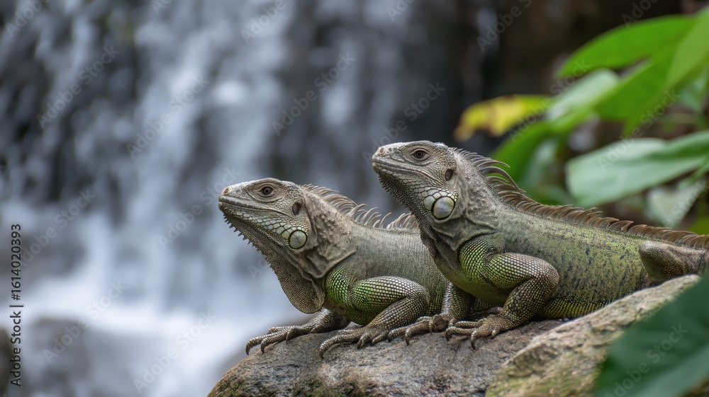 Fototapeta premium Two green iguanas relax on a rock beside a waterfall surrounded by lush vegetation.