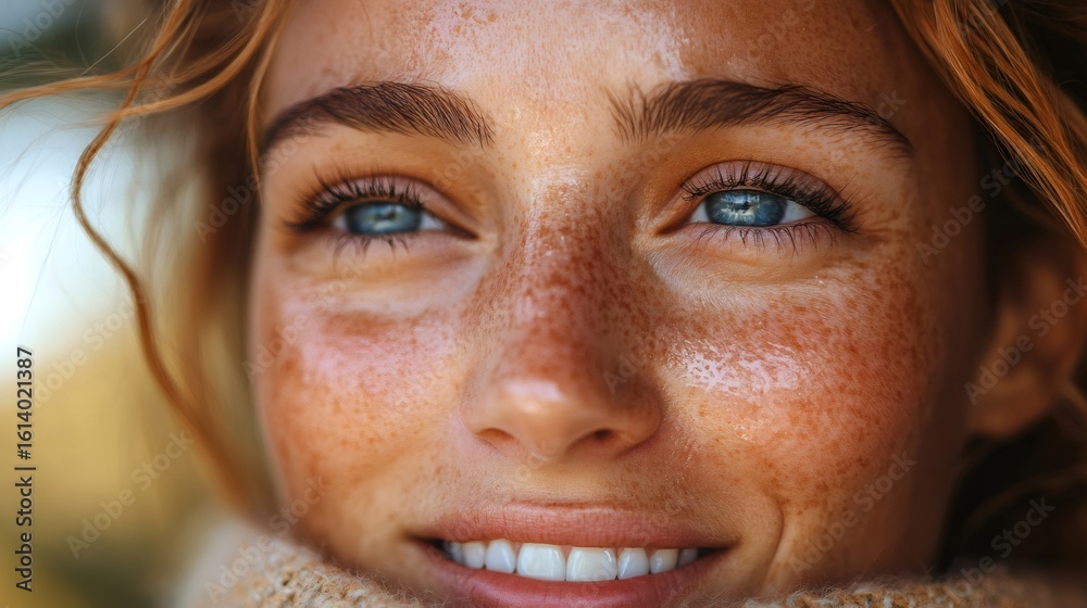 Young woman with freckles showing her perfect skin and blue eyes Young woman with freckles showing her perfect skin and blue eyes