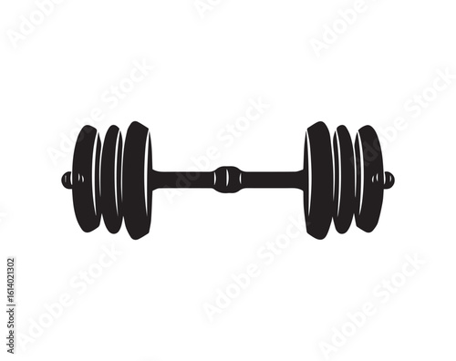 Black dumbbell illustration on a white background showing fitness and strength equipment
