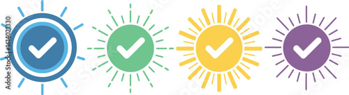 Colorful sun check mark icons set vector illustration approval and validation