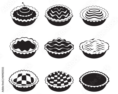 Nine isolated decorative tart icons with various fillings on a white background