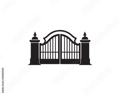 Black ornate metal gate icon with spires on white background