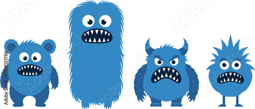 Cute blue monsters cartoon vector illustration halloween monster characters
