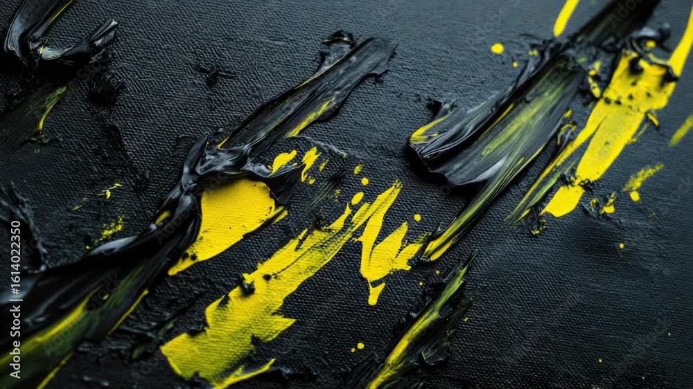 A detailed view of a black and yellow abstract art piece