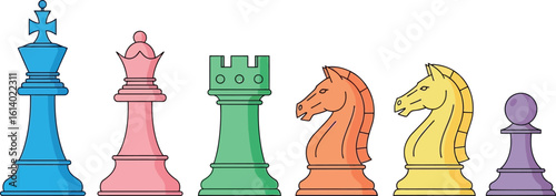 Colorful chess pieces illustration king queen rook knight pawn strategy game