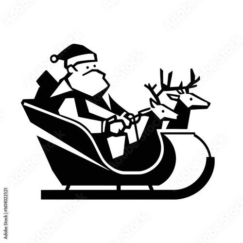 Cartoon illustration of Santa Claus and his reindeer pulling a sleigh