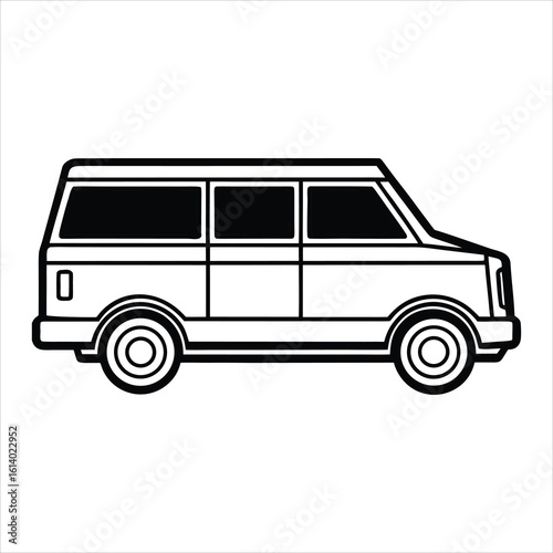 Stylized black and white illustration of a van
