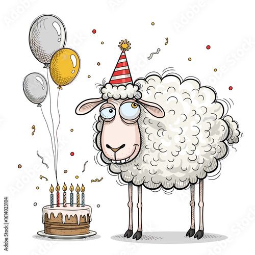 Cartoon sheep celebrating birthday with cake and balloons  