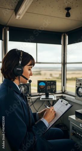 Air traffic controller monitoring flights from control tower during daylight hours