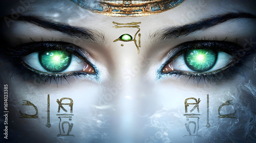 Close-up of a woman's eyes with glowing emerald green irises and ancient hieroglyphs.  Her face is pale, with dark eyeliner.  She wears a golden headpiece and  a mystical aura