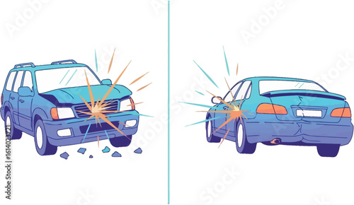 Car accident illustration showing front end collision and rear end collision damage