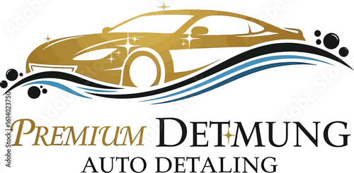 Luxury Auto Detailing Logo — Gold Car Silhouette with Sparkling Reflection Design

