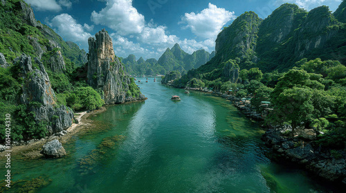A stunning view of limestone mountains and emerald waters in ha long bay, a popular tourist destination