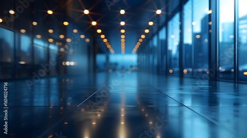 Empty Modern Hallway Blue Light Reflections