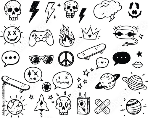 A collection of hand-drawn doodle icons in a sketchy style, featuring skulls, skateboards, planets, lightning bolts, and other youth culture elements.