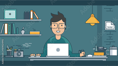 Animated Character Working at Desk Surrounded by Office Supplies, Shelves with Books and Picture Frames, and Desk Lamp in Cartoon Style