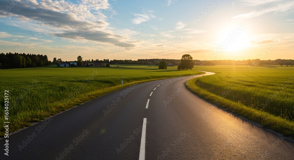 Fototapeta premium Serene Sunset Landscape: Winding Asphalt Road Through Lush Green Fields and Farmland