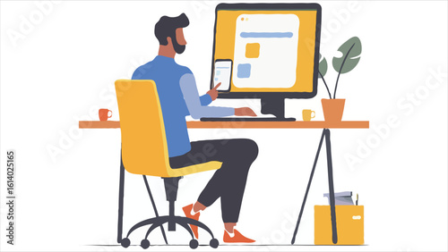 Illustration of a Remote Worker at His Desk with a Computer and Mobile Device in a Home Office Setting