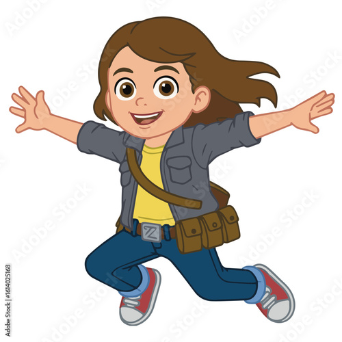 Cartoon girl with brown hair wearing a jacket and jeans jumping with arms outstretched happily in the air
