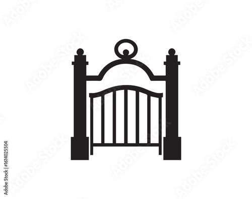 Silhouette of an ornate entrance gate with posts and arched top on white
