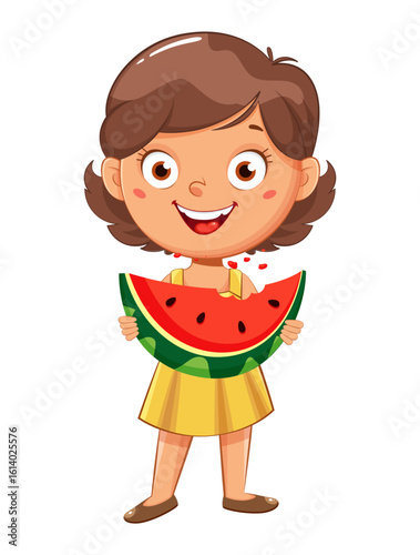 Cute little girl cartoon character eating watermelon