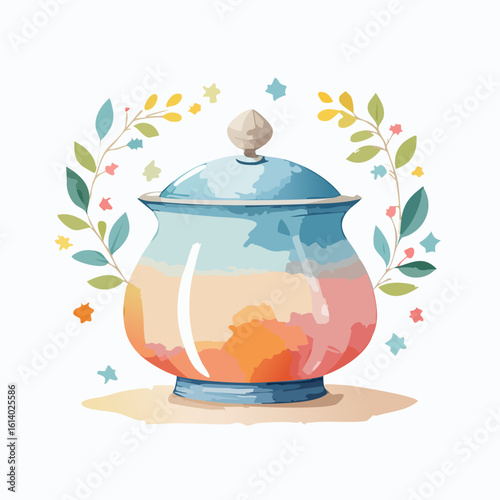 A whimsical watercolor lidded jar with a multicolored body, framed by a delicate leafy and starry wreath.