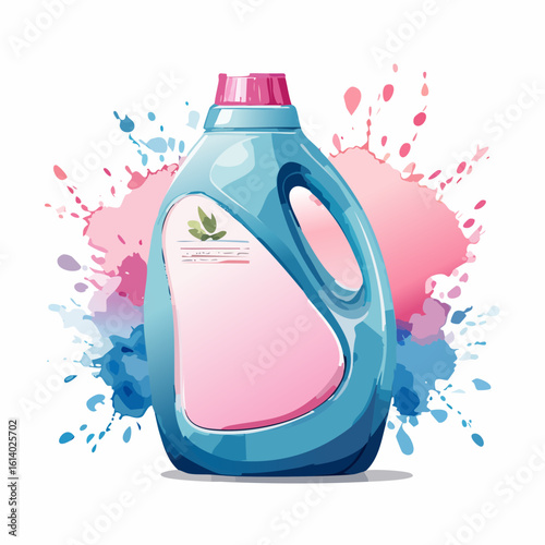 Stylized illustration of a blue laundry detergent bottle with a pink cap and blank label.