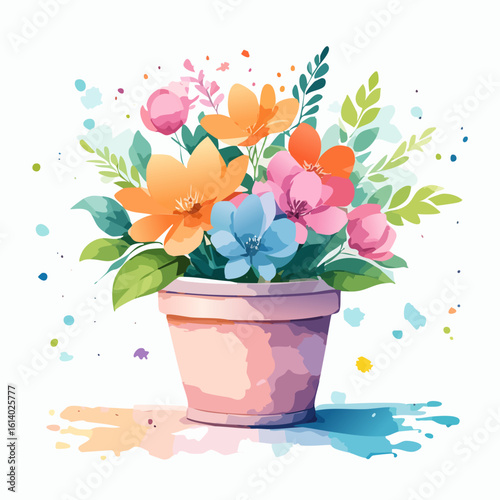 A vibrant watercolor bouquet of orange, pink, and blue flowers in a light pink pot.