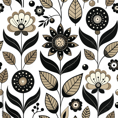 Folk art floral pattern with beige black and cream flowers and leaves botanical nature