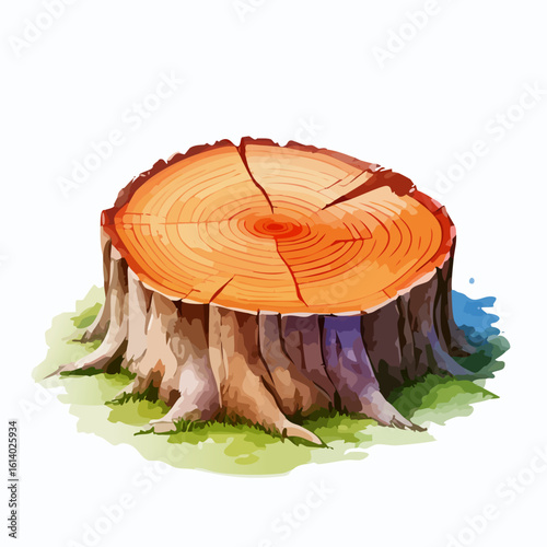 Stylized watercolor illustration of a cut tree stump with orange growth rings and cracked top.