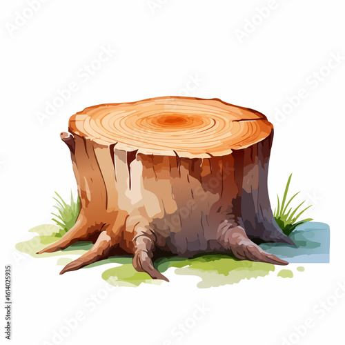 Illustrated cut tree stump with detailed annual rings, cracked bark, and exposed roots.