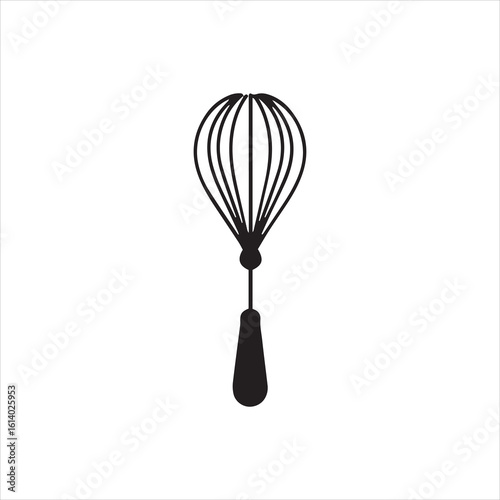 Black silhouette of a wire whisk with teardrop handle on white background