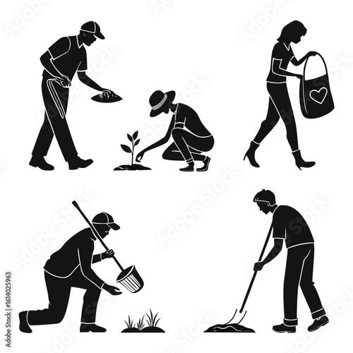 Diverse people gardening and working outdoors.