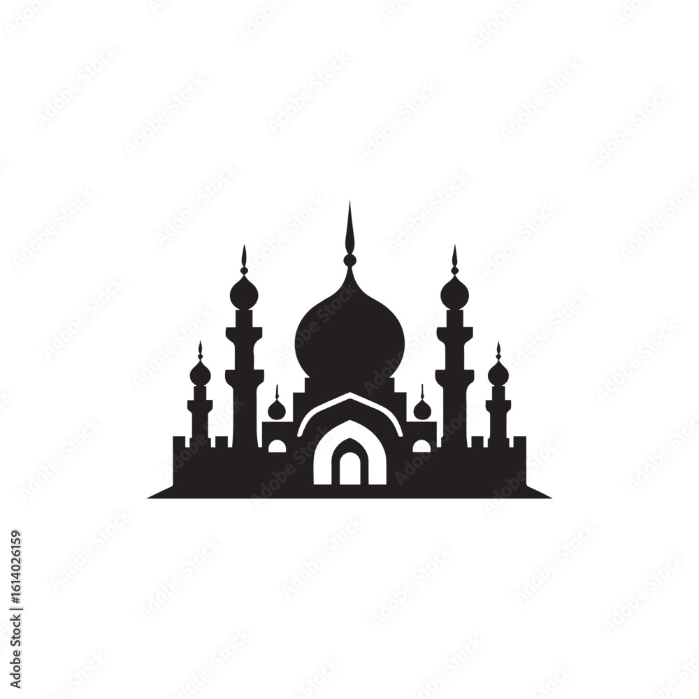 Fototapeta premium Black silhouette of mosque with minarets and domes on a white background