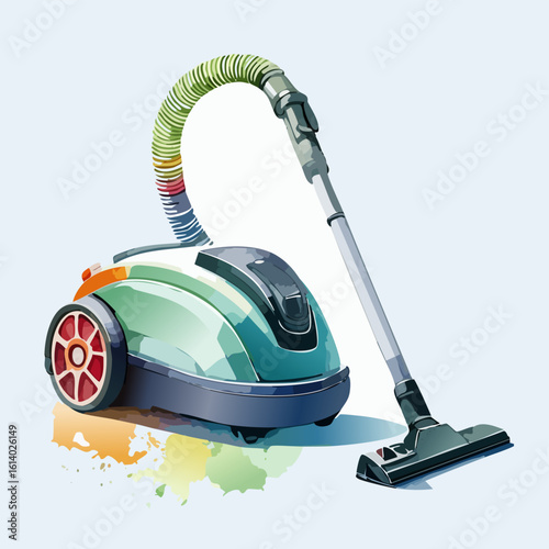 Stylized watercolor illustration of a modern canister vacuum cleaner with a colorful hose and red wheels.