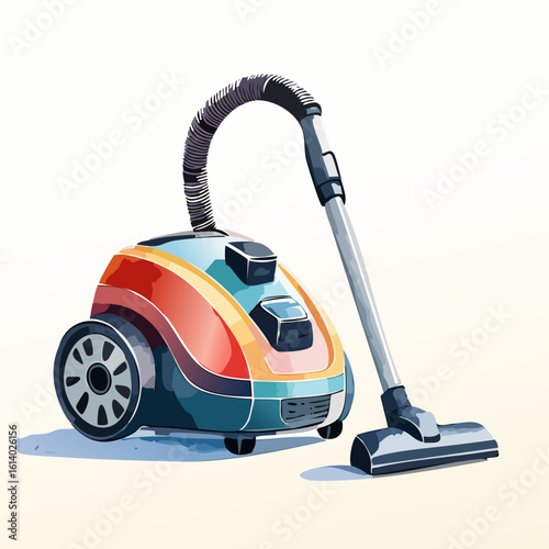 Vibrant multi-colored canister vacuum cleaner with a flexible hose and wand, depicted in a stylized watercolor illustration.