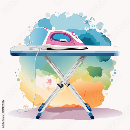 Modern pink and white electric iron resting on a blue collapsible ironing board, vector illustration style.