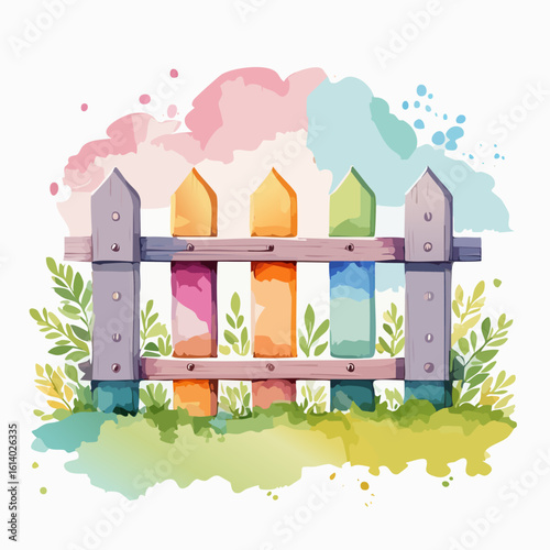 Whimsical watercolor picket fence with colorful painted slats, surrounded by abstract green foliage and splashes of paint.