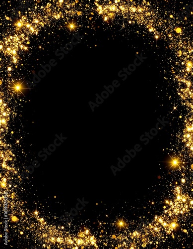 Gold glitter circular border on black background