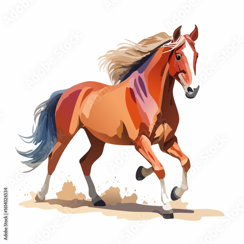 Dynamic illustration of a trotting chestnut horse with a flowing flaxen mane and blue-gray tail.