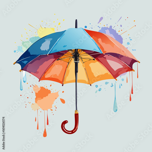 Colorful open umbrella in a vibrant watercolor style with paint splatters and drips.