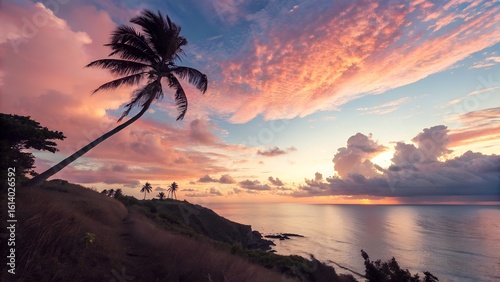 A picturesque sunset over the ocean with a silhouetted palm tree creates a tranquil and idyllic tropical beach scene at twilight