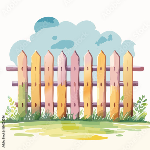 Charming watercolor illustration of a colorful wooden picket fence with pointed tops, set in green grass.