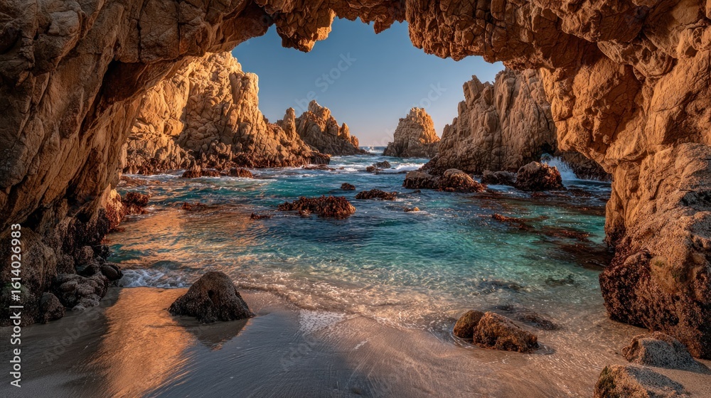 Fototapeta premium Coastal cave opening to tranquil turquoise water