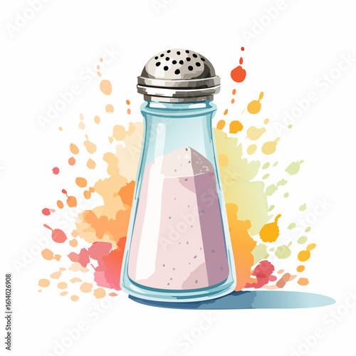 Artistic watercolor illustration of a glass salt shaker with a perforated metal lid and pink salt.