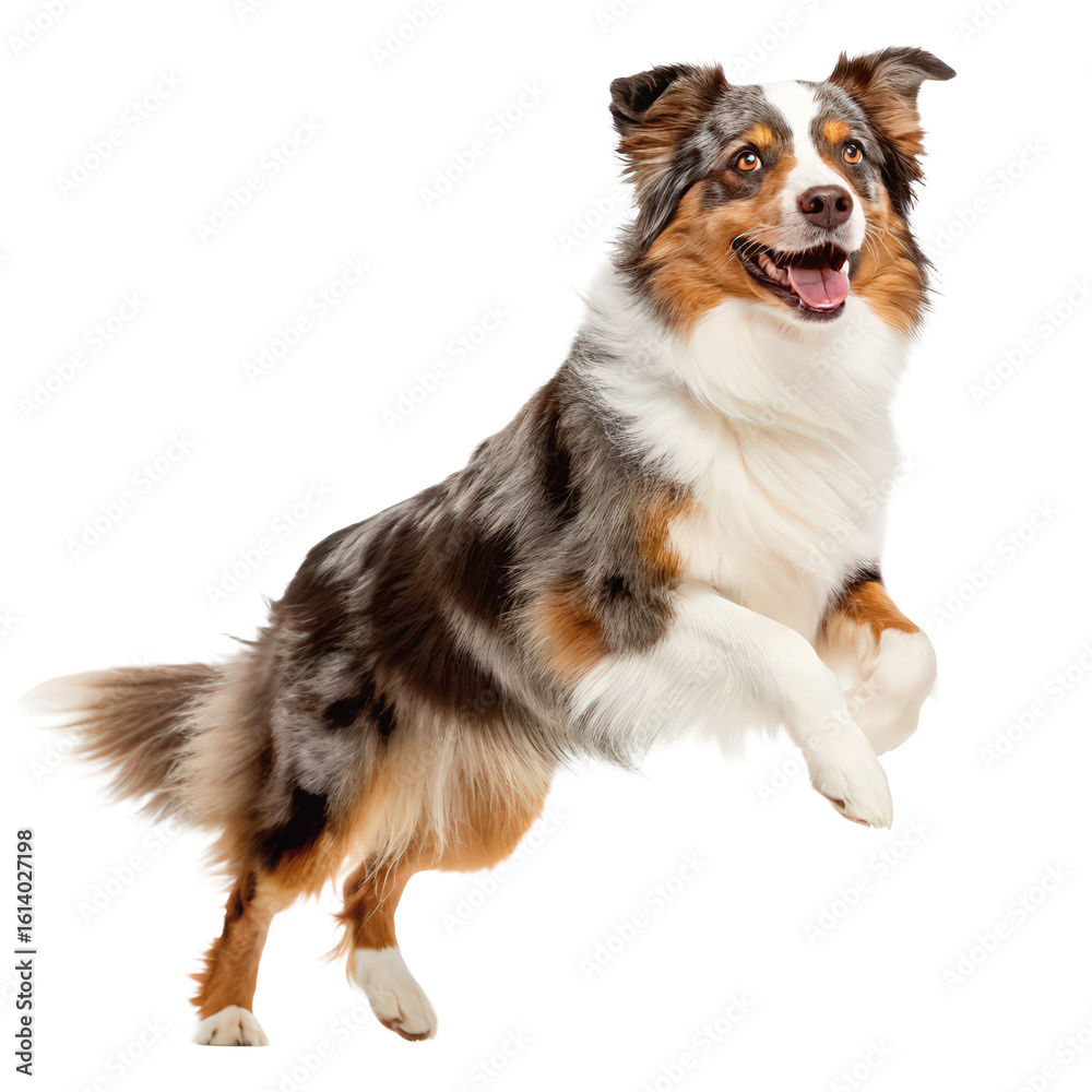 Fototapeta premium australian shepherd dog active pose png energetic Aussie Shepherd running PNG herding dog action shot PNG happy dog portrait PNG transparent background image