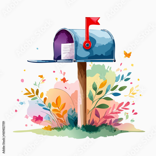 Whimsical watercolor blue mailbox with an open door, a letter inside, and a raised red flag, surrounded by colorful, stylized foliage.