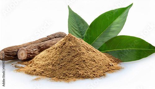dried eurycoma longifolia jack roots green leaves and powder are isolated on a white background showcasing the unique features of eurycoma longifolia jack with a clear clipping path