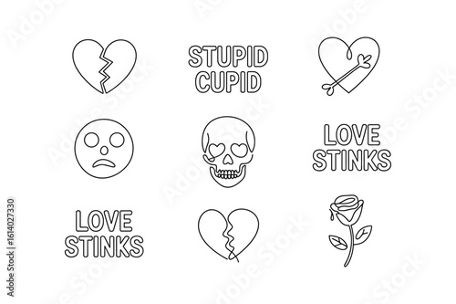Broken heart skull cupid rose and text love stinks