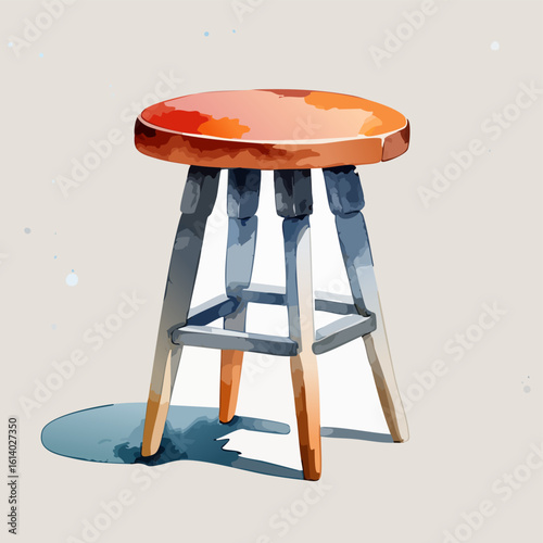 Stylized watercolor illustration of a wooden stool with a round orange seat and blue-grey legs.